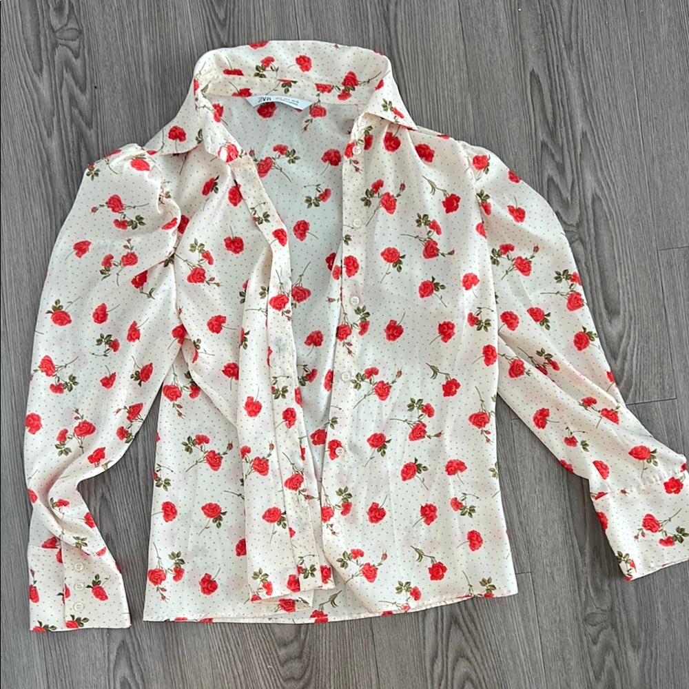 Zara Red Floral Cream Blouse